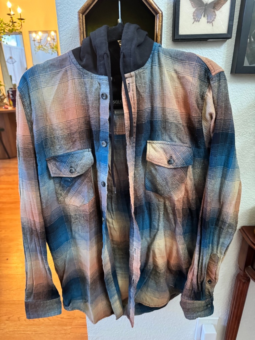 Men's Lightweight Plaid Shirt Jacket with Hood - Blue & Tan